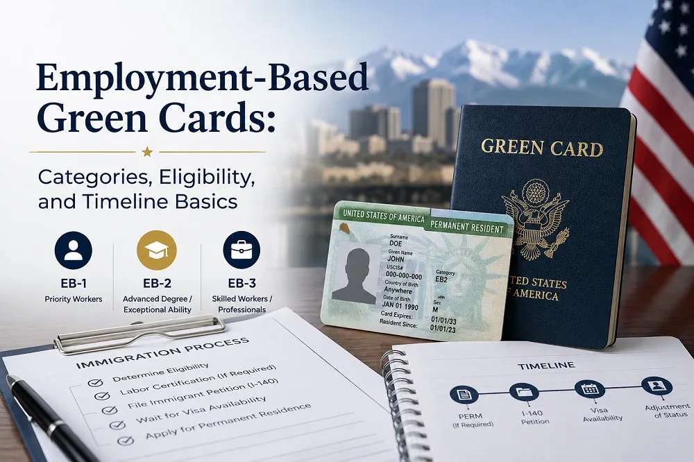 Employment based green cards guide featuring EB 1, EB 2, and EB 3 categories, eligibility requirements, immigration documents, and green card application timeline